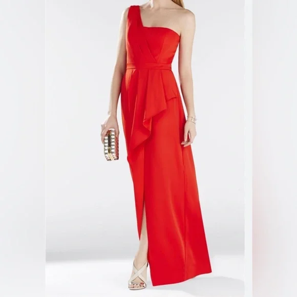 open lace back dress BCBGMAXAZRIA Kristine One-Shoulder Peplum Gown – Runway Catalog
